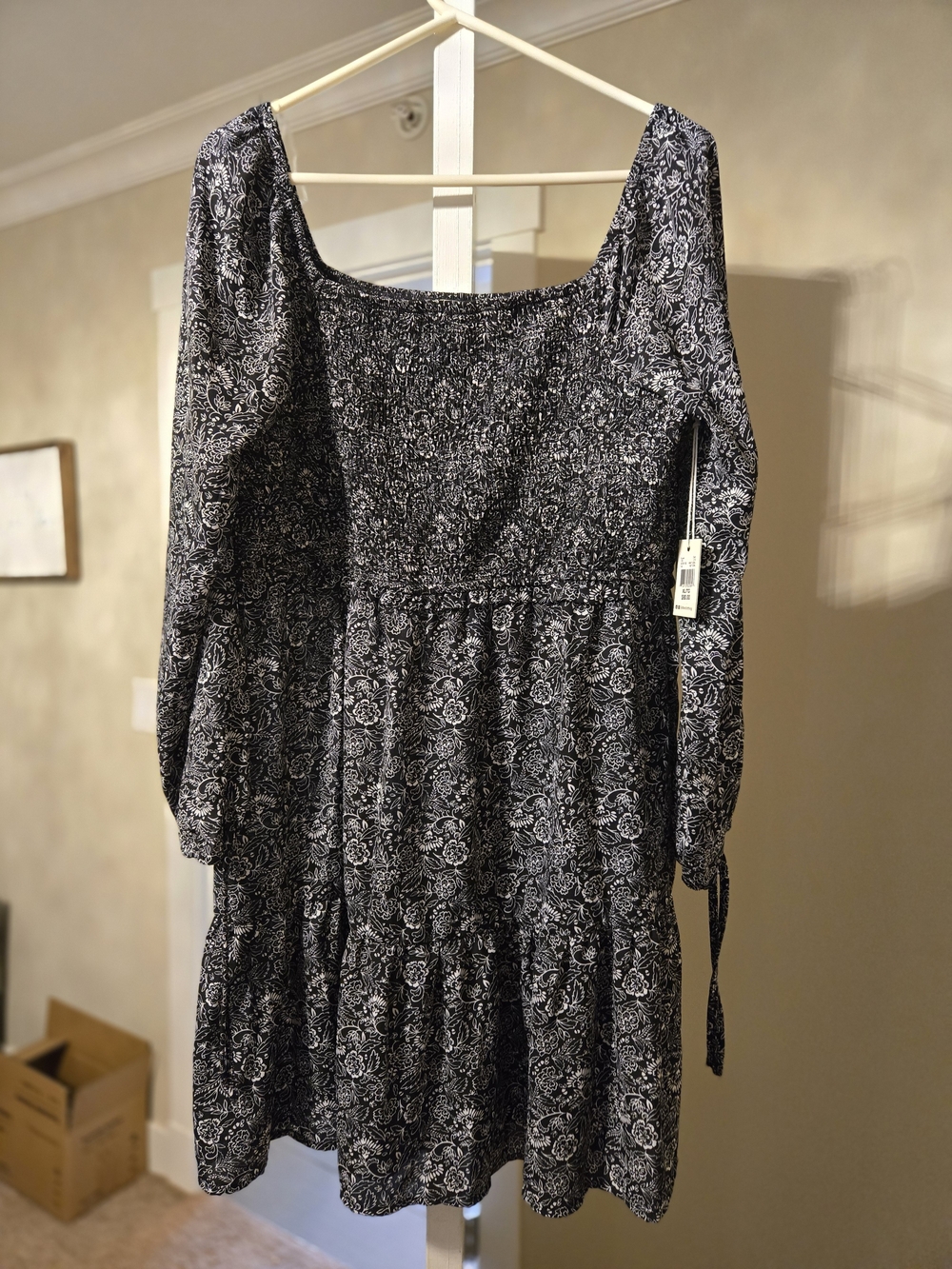 Dex Black and White Smocked Tiered Long Sleeve Floral Dress